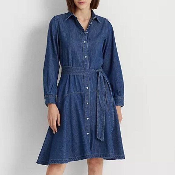 Guess Long Sleeve Denim Pearl Snap Shirt Dress Circle Skirt Belted Size Small - Picture 1 of 13